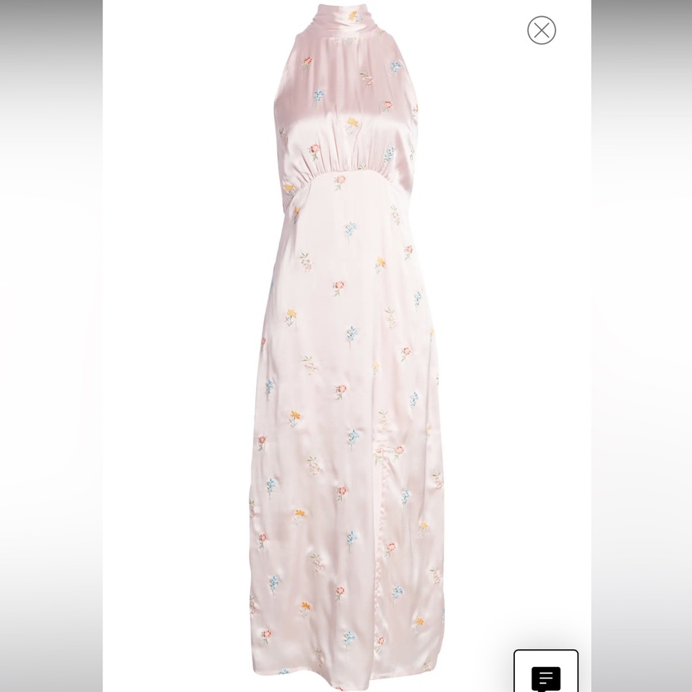 Floral Embroidery Halter Neck Satin Dress